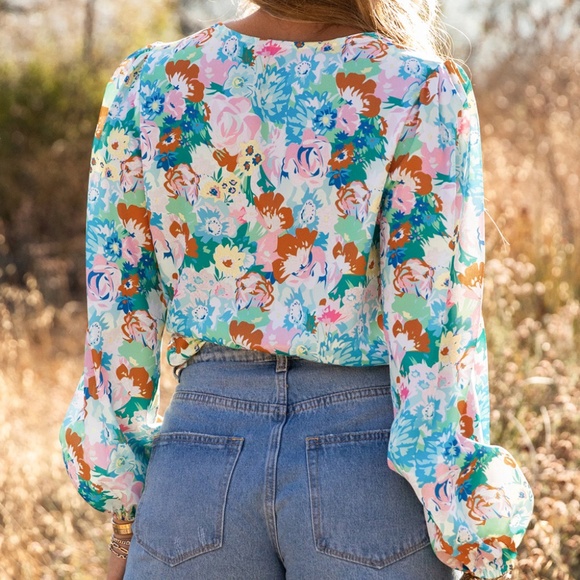 B051 Sky Blue Floral Print Wrap Long Sleeve Bodysuit - Picture 4 of 5